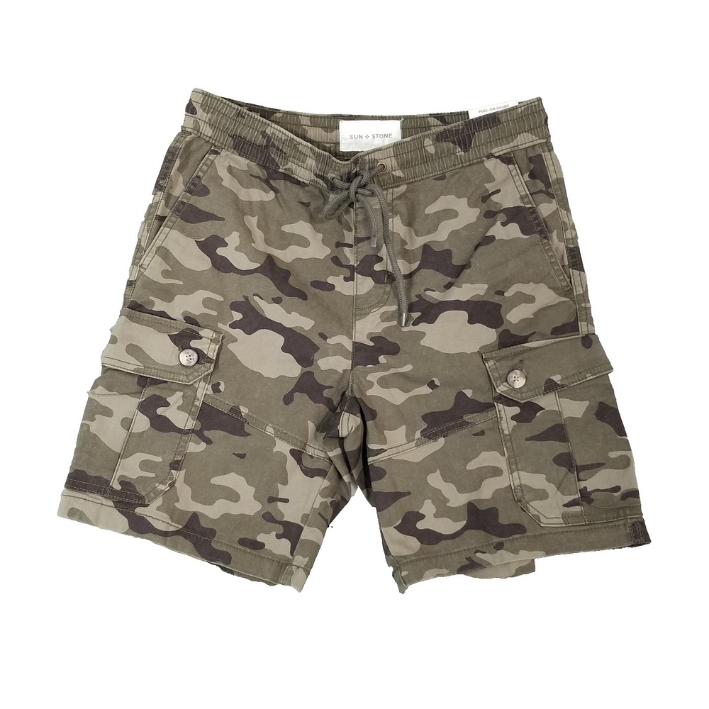 Sun + Stone Shorts Mens Small Camo Green Pull-On Cargo Pockets Stretch Casual